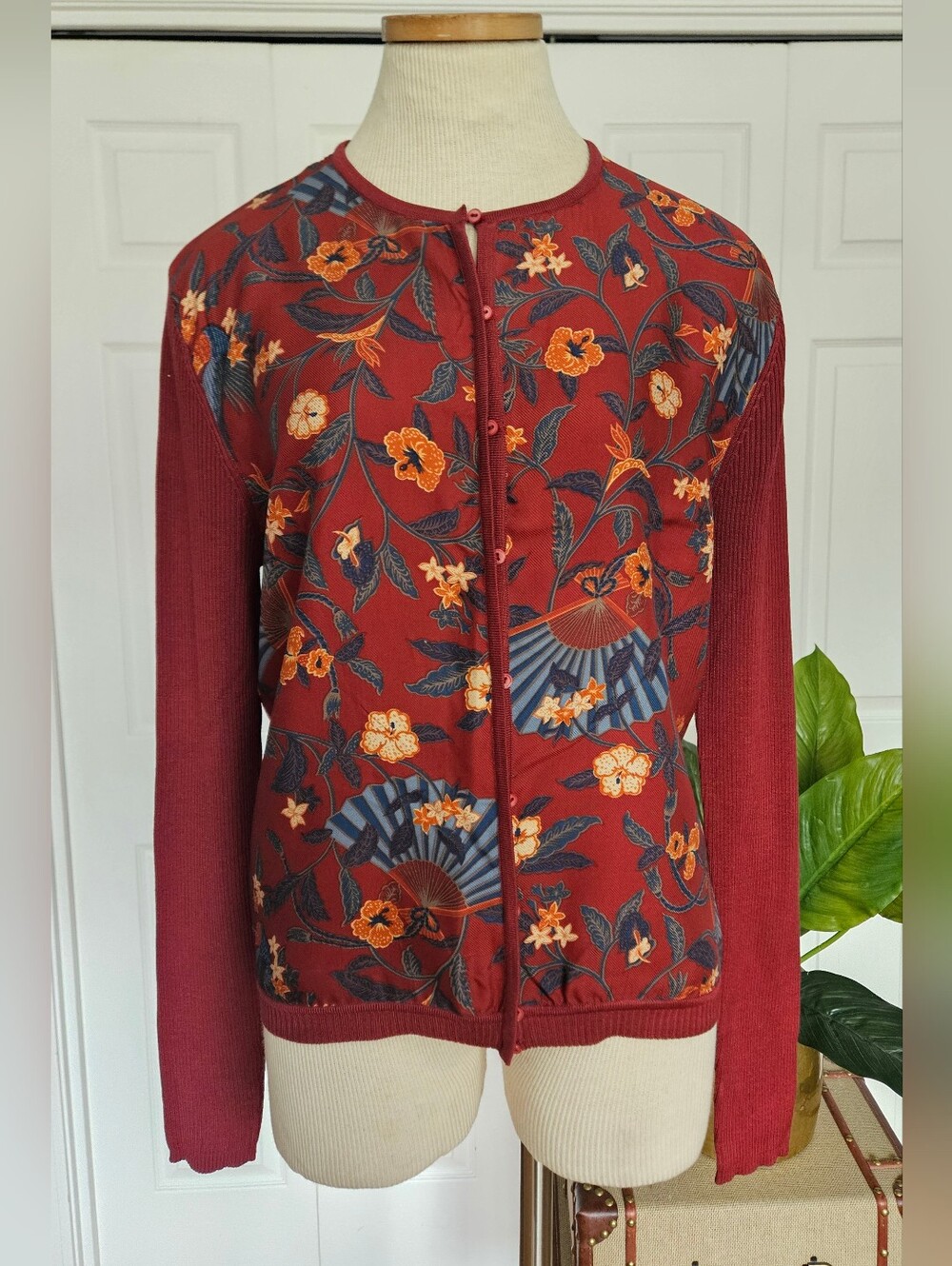 Neiman Marcus Vintage Asian Oriental Floral Fan Cardigan 100% Silk Size XL